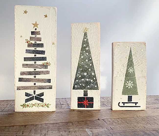 Trio of stenciled and embellished Christmas trees
