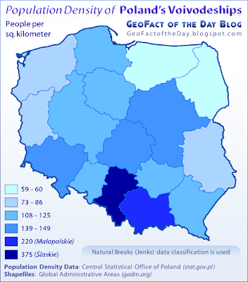 Map of the population density of Poland's voivodeships or provinces