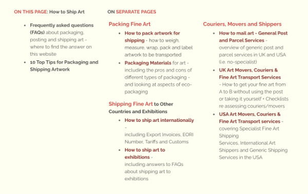 contents of how to pack, mail and ship art