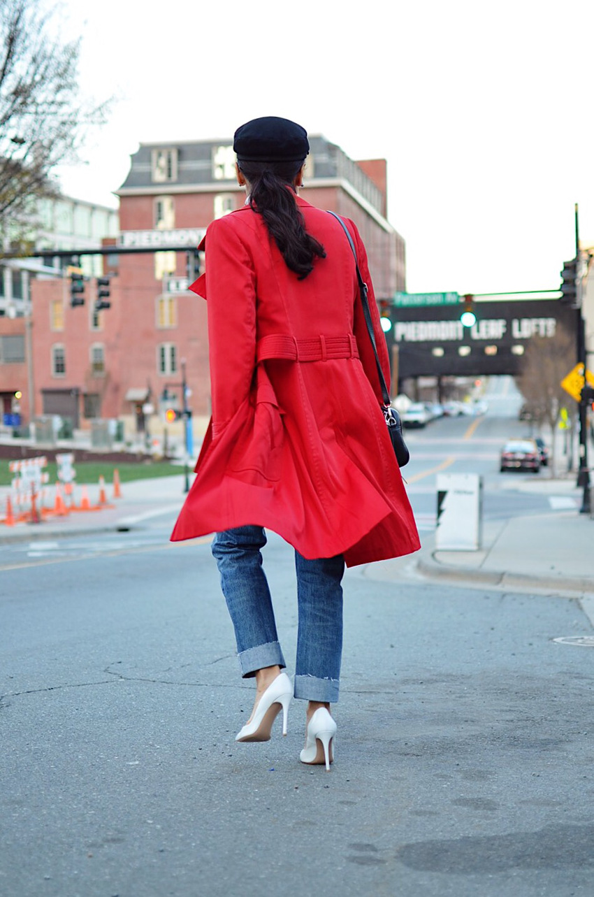Look with a red trench coat 