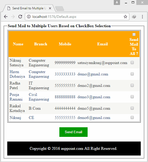 Send Email to multiple User based on Checkbox Selection in Gridview