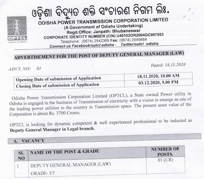 Deputy General Manager (Law) in Odisha Power Transmission Corporation Ltd. - last date 03/12/2020