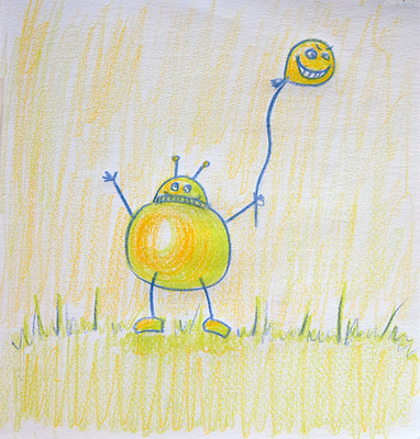 Pencil drawin robot holding a balloon