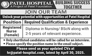 Latest Nurse Jobs in Patel Hospital