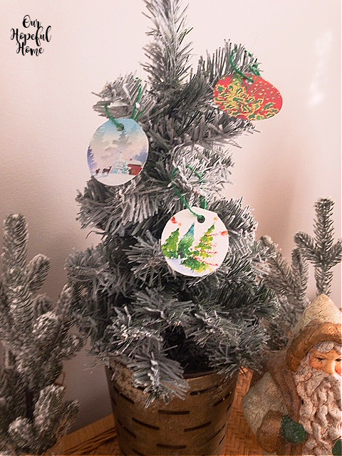 flocked tabletop Christmas tree olive bucket handmade paper ornaments