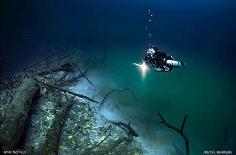 A thin layer of hydrogen sulfate separates the freshwater and saltwater within the cave. The resulting effect is mesmerizing.