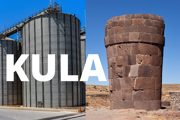 Definition of the phoneme KULA: Image with a Comparison between industrial Silos and the Chullpas of Sillustani