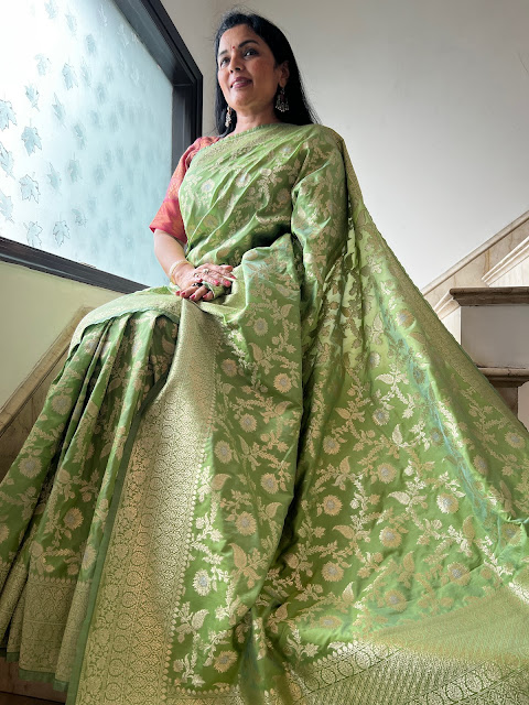Enchanting Elegance: Unveiling the Leaf Green Jangla Jaal Silk Saree