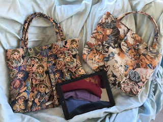 2 Bags or Purses, Woven Antique Doll fabric and Multiple Cats, photographed with iPad to show size, lined
