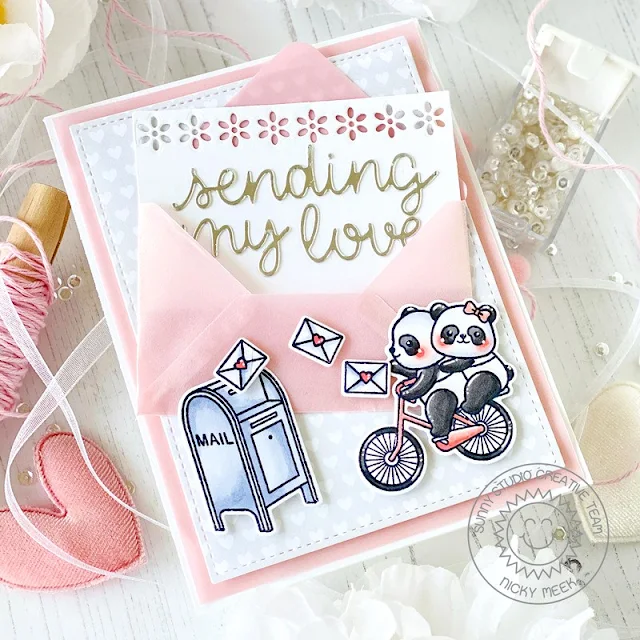 Sunny Studio Stamps: Gift Card Envelope Die Focused Love Themed Card by Nicky Meeks (featuring Bighearted Bears, Stitched Rectangle Dies, Eyelet Lace Border Dies)
