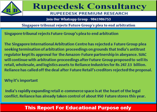 Singapore tribunal rejects Future Group’s plea to end arbitration - Rupeedesk Reports - 29.06.2022