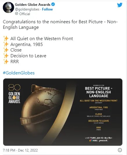 RRR Nominations in Golden Globes Awards 2023