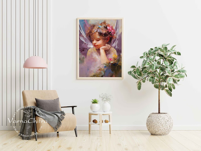 cherubic angel oil painting, impasto thick paint suitable for children's room, gift for children by Biju Varnachitra