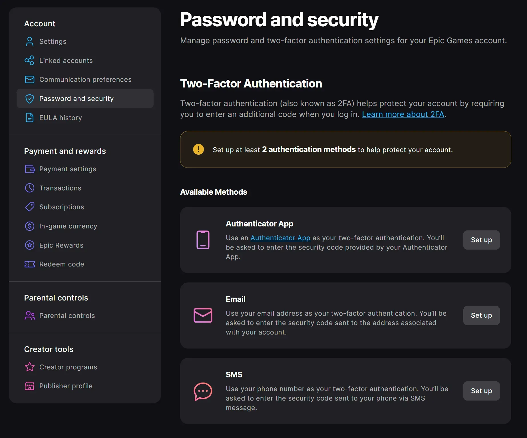 Epic Games Account Management - Password & Security section
