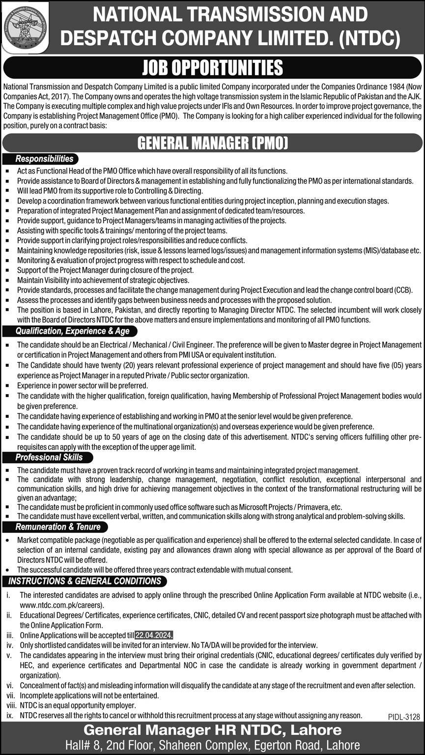 NATIONAL TRANSMISSION AND  DESPATCH COMPANY LIMITED  (NTDC) WAPDA Jobs