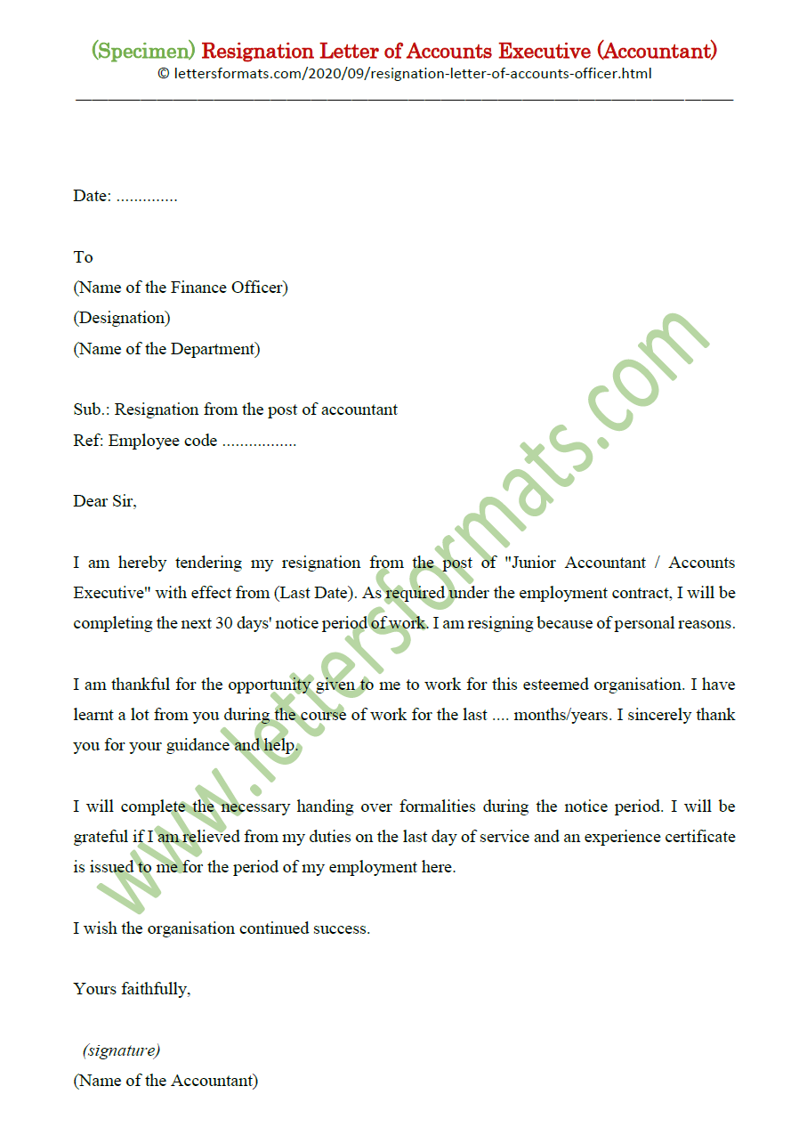 Sample Resignation Letter Of Accounts Executive Accountant