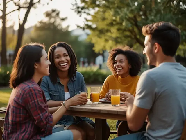 rupo de amigos y parejas compartiendo momentos felices, mostrando cómo el autocuidado y la autoestima se fortalecen en relaciones positivas y de apoyo mutuo.