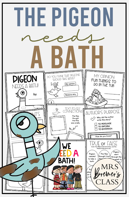 The Pigeon Needs a Bath book activities unit with literacy printables, reading comprehension companion activities, lesson ideas, and a craft for Kindergarten and First Grade