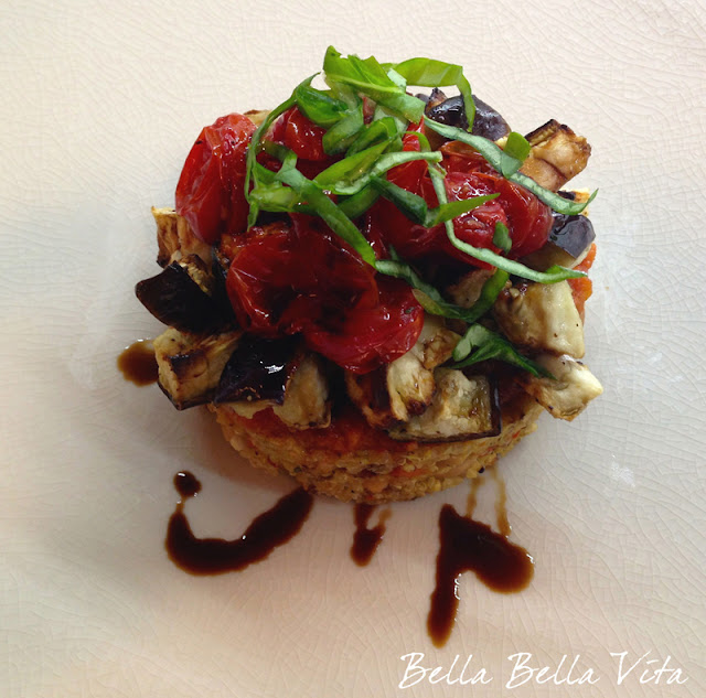 Quinoa Cannellini Bean Cakes w/ Roasted Eggplant, Tomato & Balsamic Vinegar recipe