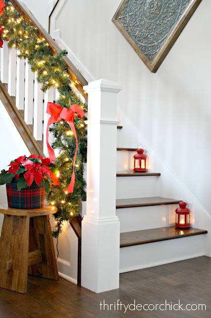 Simple greenery red ribbon stairs