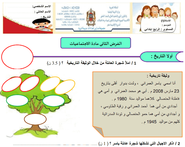 فرض المرحلة الثانية لمادة الاجتماعيات للمستوى الرابع ابتدائي 2023