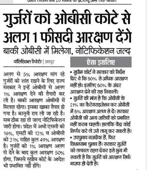 Rajasthan SBC reservation today's news(06-12-2017)