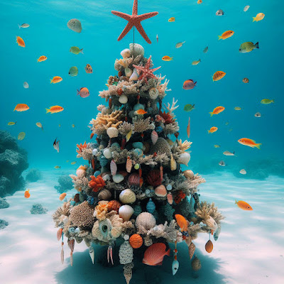 Undersea Christmas Tree made of corals, shells, starfish, sea fans surrounded by colorful fish.