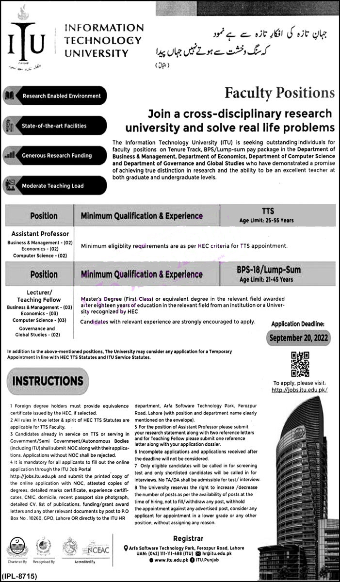 Information Technology University ITU Lahore jobs 2022 Advertisement