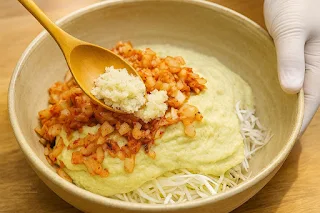Adding garlic, kimchi, and mung bean sprouts to mung bean batter