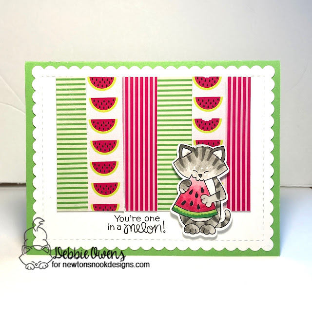 You're one in a melon by Debbie features Frames & Flags, Summertime, and Newton's Watermelon by Newton's Nook Designs; #inkypaws, #newtonsnook, #cardmaking, #summercards, #felinecards, #cardchallenges, #cardmaking