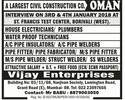 Largest Civil Construction co Job vacancies for Oman - free food