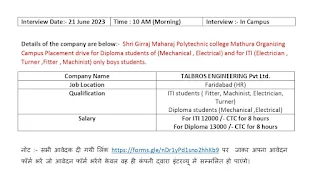 ITI and Diploma Jobs Campus Placement Drive for Talbros Engineering Pvt Ltd at Shri Girraj Maharaj Polytechnic College, Mundesi, Mathura