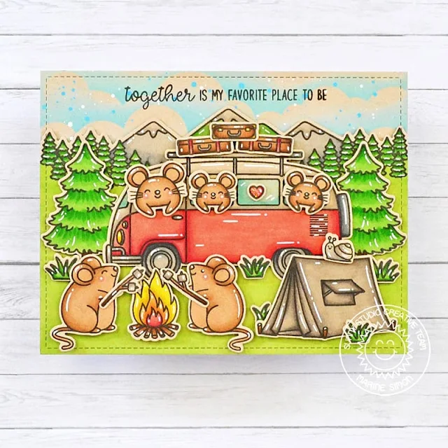 Sunny Studio Stamps: Beach Bus Camping Themed Card by Marine Simon (featuring Critter Campout, Seasonal Trees, Country Scenes)