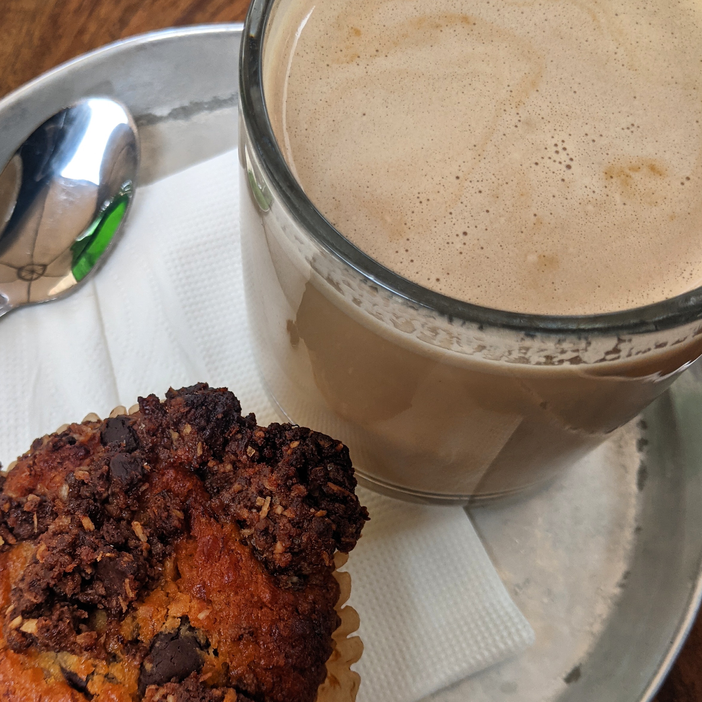 a vegan chocolate muffin and glass of flat white on a tray at casino san Remo in tel aviv, one of the best coffee shops in the city