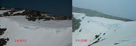 Comparativa nieve cornisas de Peñalara 2-6-2013 frente a 3-6-2018