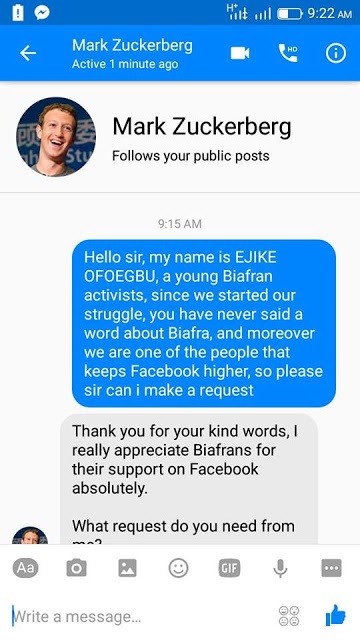 Biafra activist allegedly asks Mark Zuckerberg for help to promote agitation