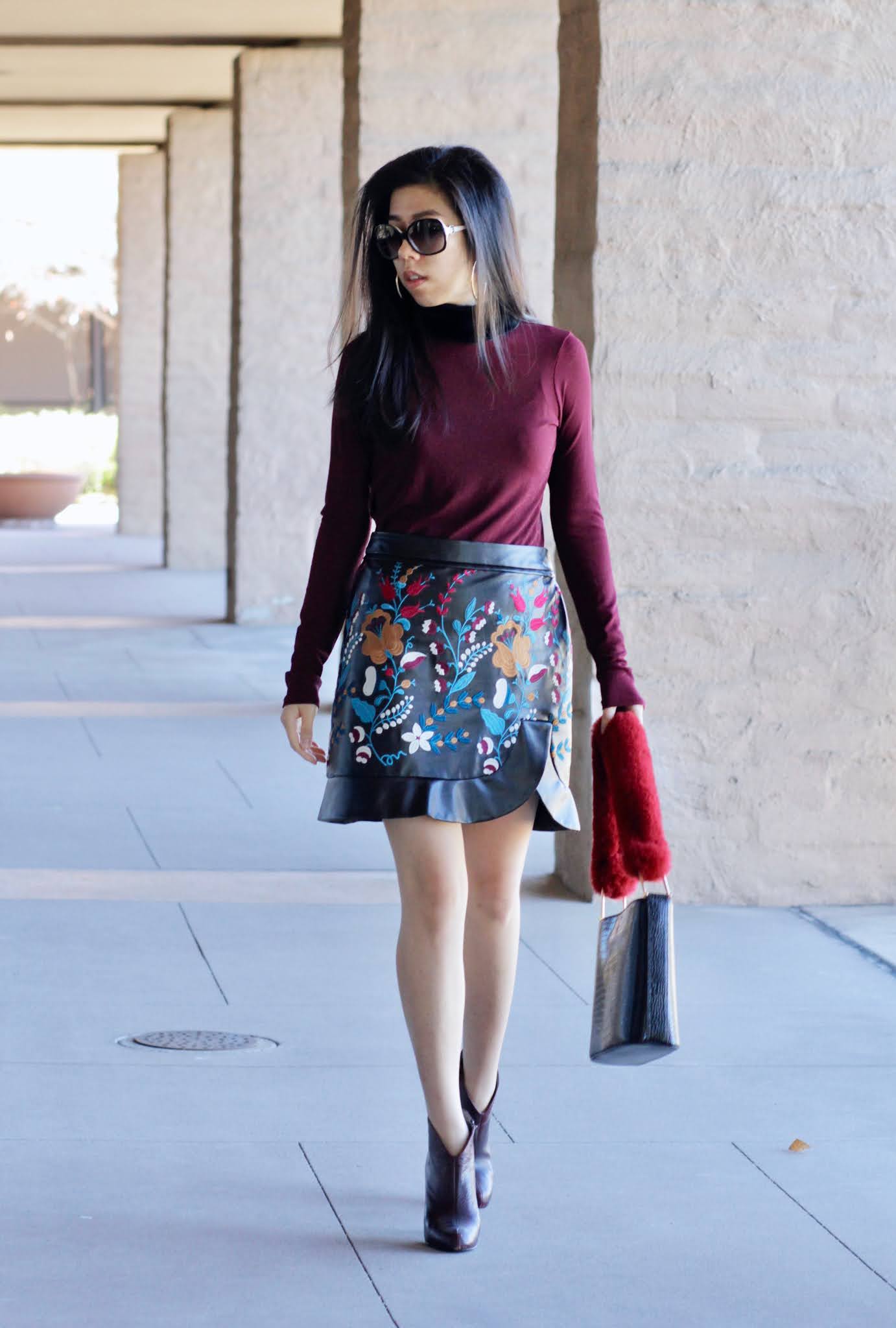 Adrienne Nguyen_What to Wear with a Red Turtleneck_Black and Red Turtleneck_What to Wear with a Floral Black Miniskirt