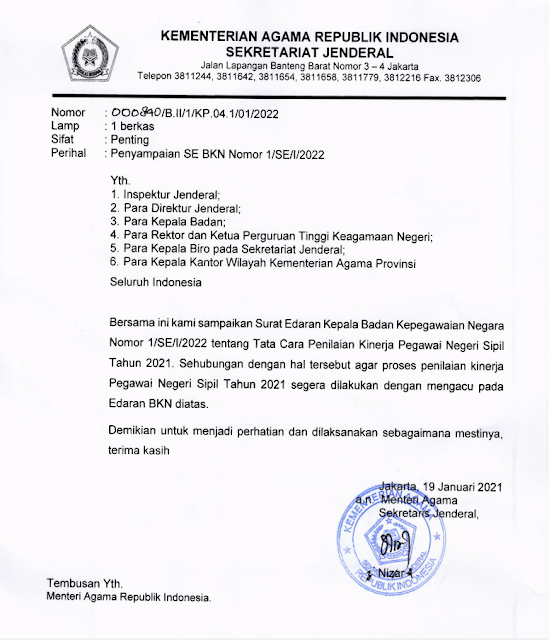 SURAT EDARAN KEPALA BADAN KEPEGAWAIAN NEGARA TENTANG TATA CARA PENILAIAN KINERJA PEGAWAI NEGERI SIPIL TAHUN 2021