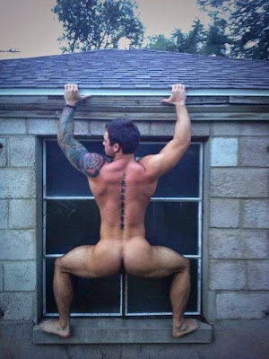 Gay public sex, sexy man totally naked hangs on the window of a neighborhood house with his cock against the window and his ass facing the street, exhib, Robot Jack