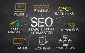 An illustration representing SEO optimization, with keywords, website analytics, and search engine rankings.