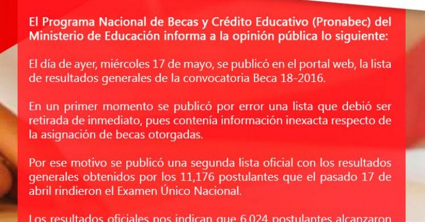 COMUNICADO PRONABEC: Resultados Generales Convocatoria BECA 18 - 2016 | www.pronabec.gob.pe