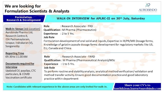 Aurobindo Pharma | Walk-in interview for Formulation R&D on 30th July 2022