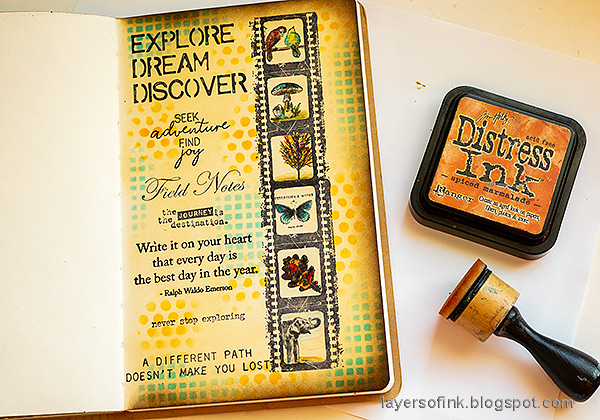 Layers of ink - Explore Art Journal Page Tutorial by Anna-Karin Evaldsson. Add more ink through Bubbles stencil.