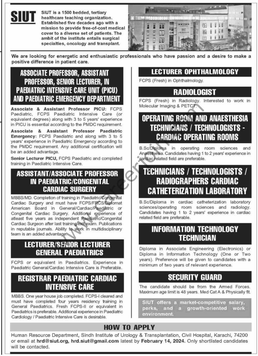 Sindh Institute of Urology and Transplantation SIUT Jobs In Karachi 2024