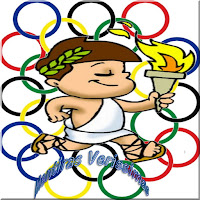 Ilustração mostrando um jovem saltando um obstáculo carregando uma tocha olímpica e com uma coroa de louros na cabeça.