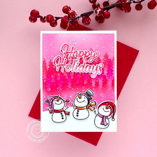 Sunny Studio Stamps: Holiday Greetings Winter Themed Holiday Card by Vanessa Menhorn (featuring Snowman Kisses, Forest Tree Stencils)