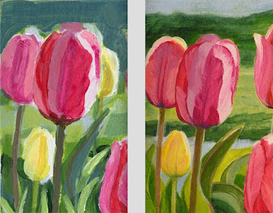 Comparing pink tulip sketch with final painting.©2022 Tina M.Welter
