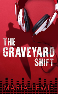 Cover for book "The Graveyard Shift" by Maria Lewis. Against e red background, a pair of headphones, in black. Below, a stylised city skyline - or possible a display of audio levels? Cast over all, the shadow of a hand clutching a knife.