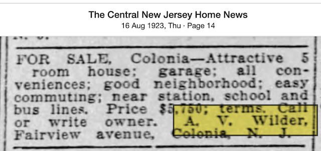 black and white 1923 newspaper ad for A. V. Wilder house on Fairview Avenue, Colonia NJ