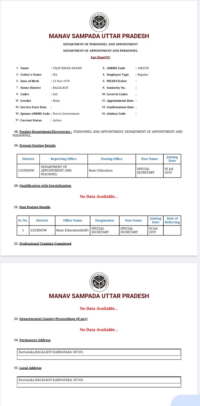 विजय किरण आनंद- P2 शीट : महानिदेशक महोदय की मानव सम्पदा पोर्टल पर डिटेल्स अपडेट ही नही है…., देखें